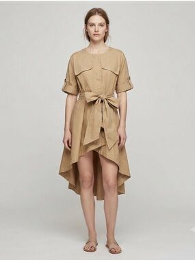 Badgley Mischka Trench Dress Sz 6 Khaki Belted High-Low Hem Safari Utility